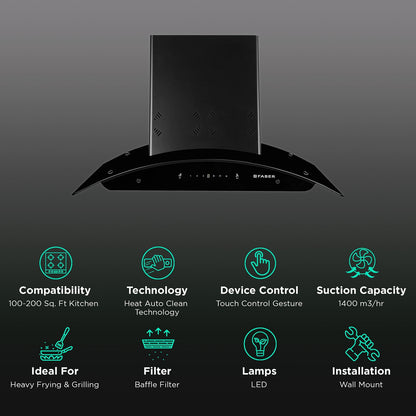 FABER Hood Ellora 3D IN HC SC BF BK 90cm 1400m3/hr Ducted Auto Clean Wall Mounted Chimney with Baffle Filter (Black)