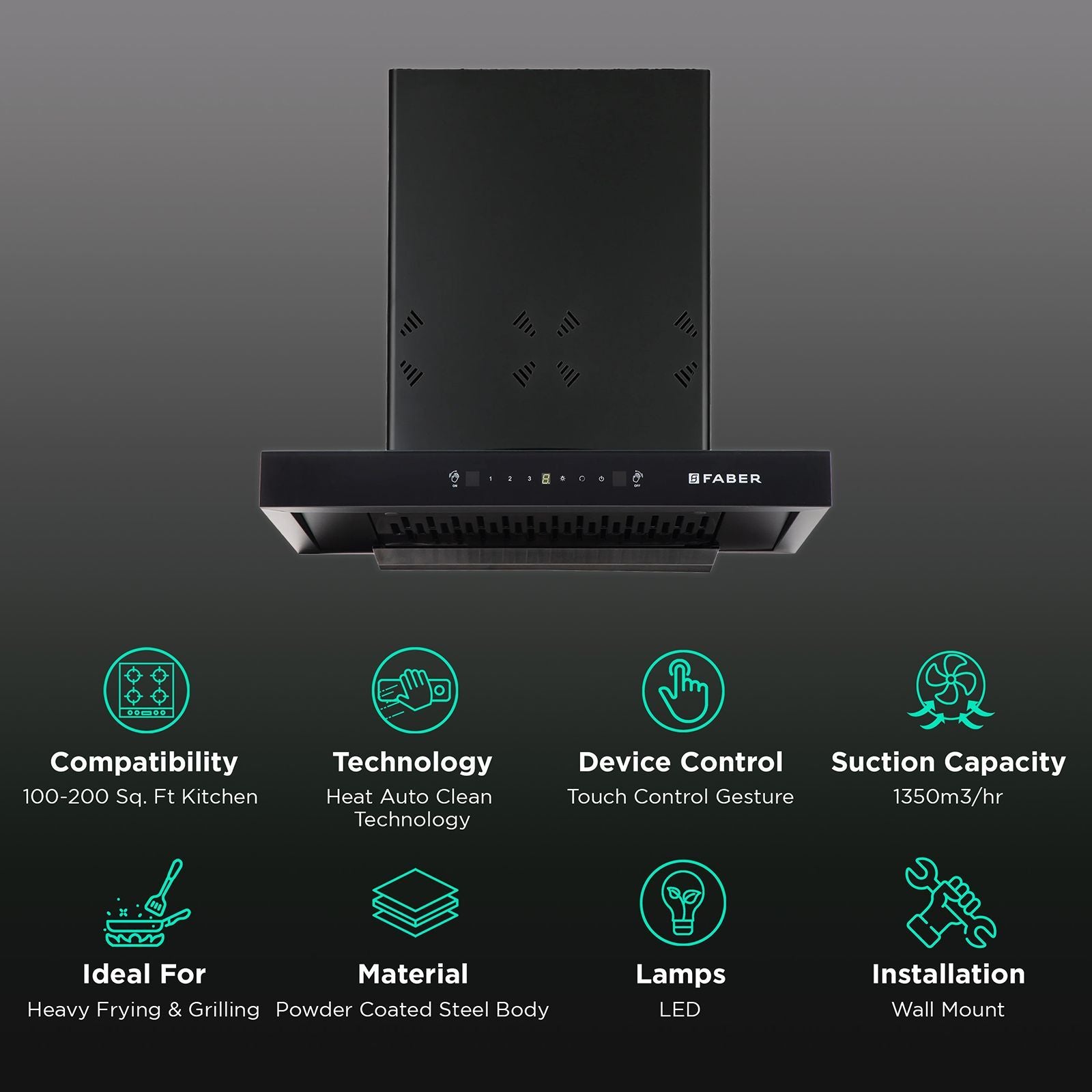 FABER HOOD CYGNUS IN 3D HC SC FL BK 60cm 1350m3/hr Ducted Auto Clean Wall Mounted Chimney with Odor Sensor (Black)