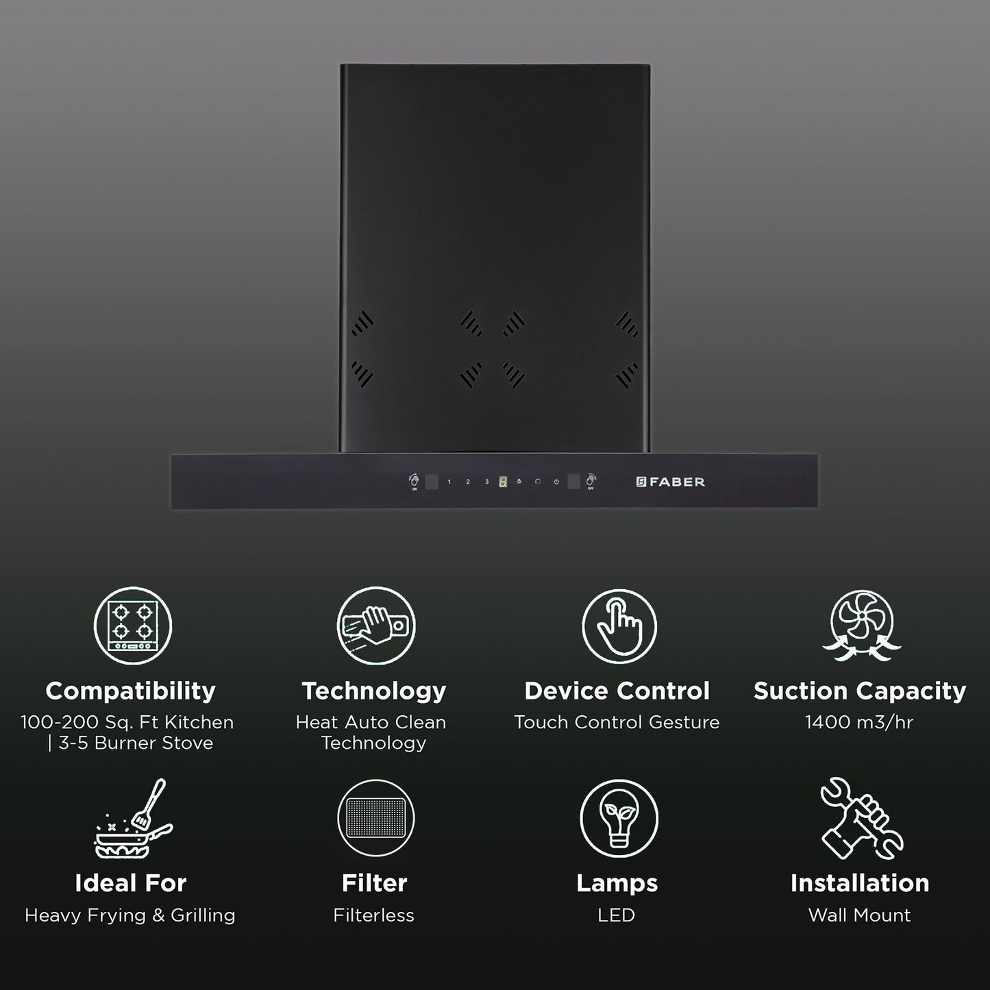 FABER HOOD CYGNUS IN 3D HC SC FL BK 75cm 1400m3/hr Ducted Auto Clean Wall Mounted Chimney with Odor Sensor (Black)