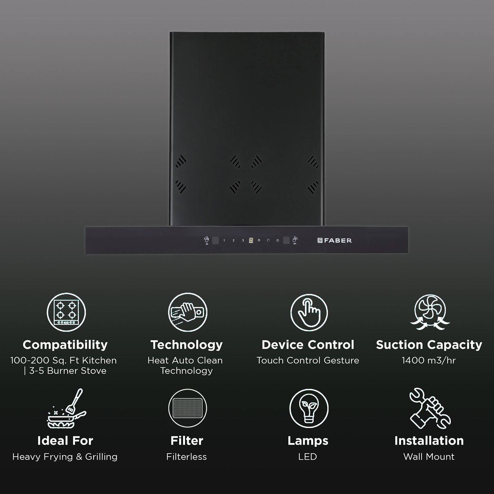 FABER HOOD CYGNUS IN 3D HC SC FL BK 75cm 1400m3/hr Ducted Auto Clean Wall Mounted Chimney with Odor Sensor (Black)