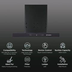 FABER HOOD CYGNUS IN 3D HC SC FL BK 75cm 1400m3/hr Ducted Auto Clean Wall Mounted Chimney with Odor Sensor (Black)