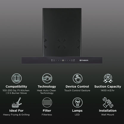 FABER HOOD CYGNUS IN 3D HC SC FL BK 75cm 1400m3/hr Ducted Auto Clean Wall Mounted Chimney with Odor Sensor (Black)