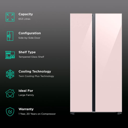 SAMSUNG 653 Litres 3 Star Frost Free Side by Side Door Smart Wi-Fi Enabled Refrigerator with Twin Cooling Plus (RS76CB81A3P0HL, Clean Pink)