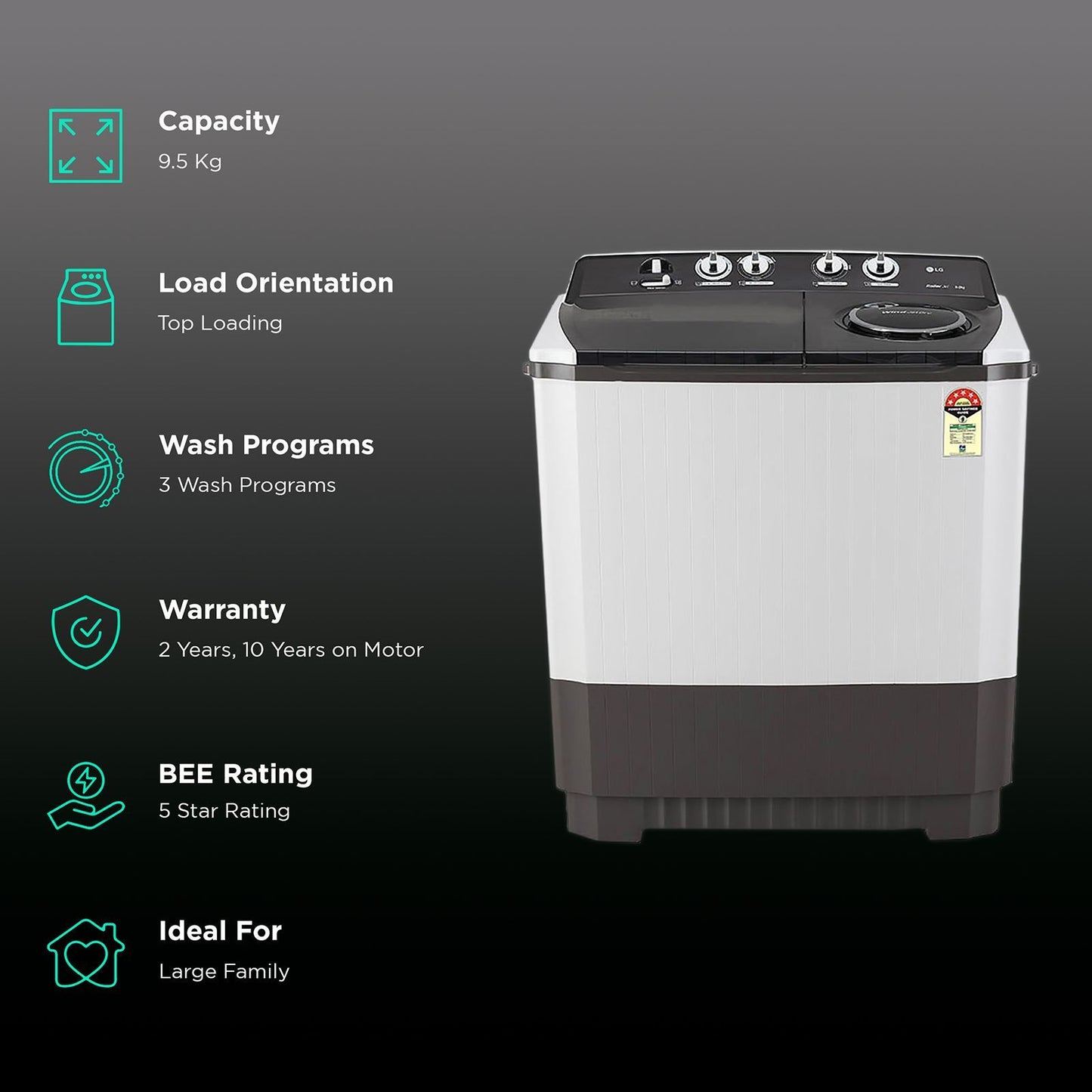 LG 9.5 kg 5 Star Semi Automatic Washing Machine with Roller Jet Pulsator (P955ASGAZ.ADGQEIL, Dark Grey)