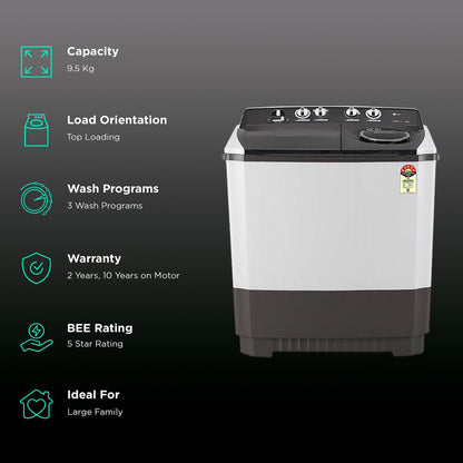 LG 9.5 kg 5 Star Semi Automatic Washing Machine with Roller Jet Pulsator (P955ASGAZ.ADGQEIL, Dark Grey)