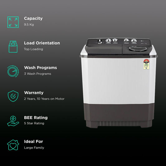 LG 9.5 kg 5 Star Semi Automatic Washing Machine with Roller Jet Pulsator (P955ASGAZ.ADGQEIL, Dark Grey)
