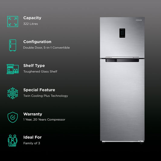 SAMSUNG 322 Litres 2 Star Frost Free Double Door Convertible Refrigerator with Twin Cooling Plus Technology (RT37C4522S8/HL, Elegant Inox)