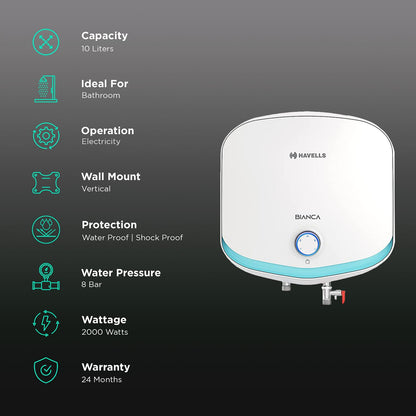 HAVELLS Bianca 10 Litre 5 Star Vertical Storage Geyser with Whirl Flow Technology (White & Blue)