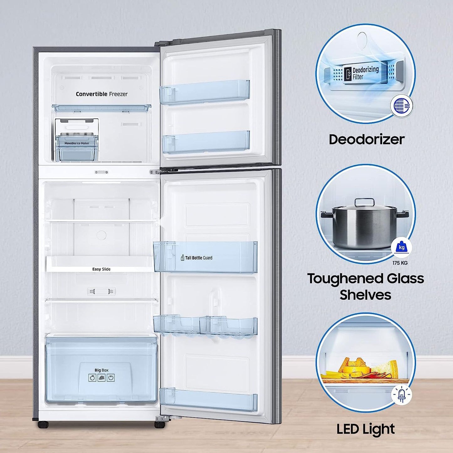 SAMSUNG 236 Litres 3 Star Frost Free Double Door Convertible Refrigerator with Anti Bacterial Gasket (RT28C3733S8/HL, Elegant Inox)