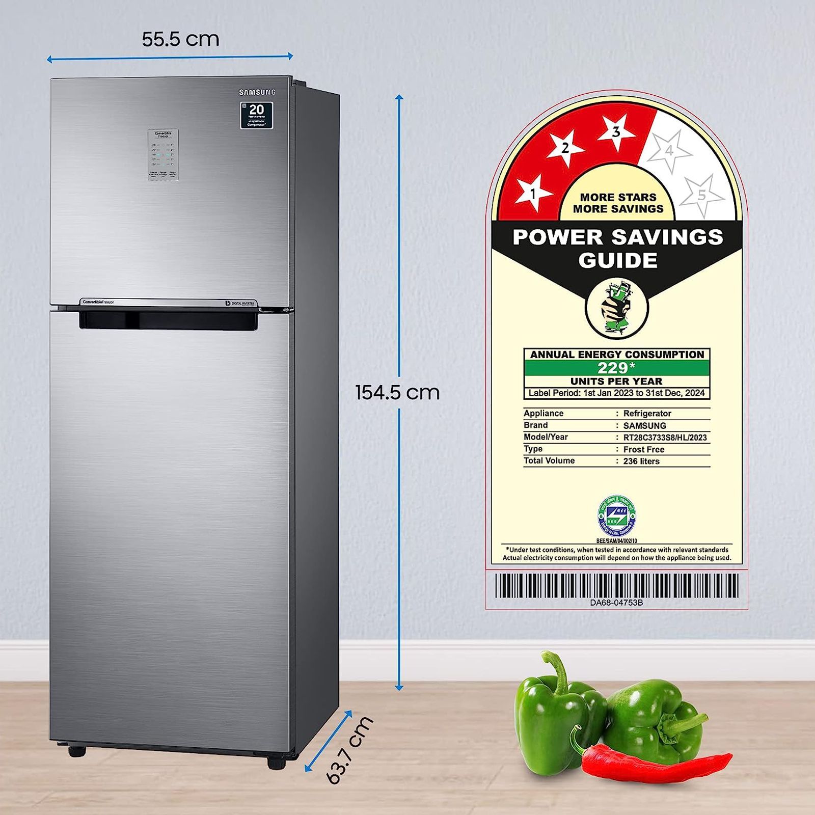 SAMSUNG 236 Litres 3 Star Frost Free Double Door Convertible Refrigerator with Anti Bacterial Gasket (RT28C3733S8/HL, Elegant Inox)