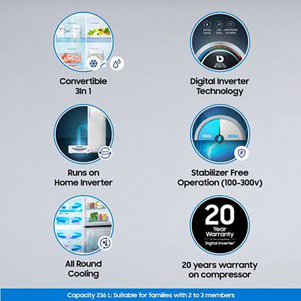 SAMSUNG 236 Litres 3 Star Frost Free Double Door Convertible Refrigerator with Anti Bacterial Gasket (RT28C3733S8/HL, Elegant Inox)
