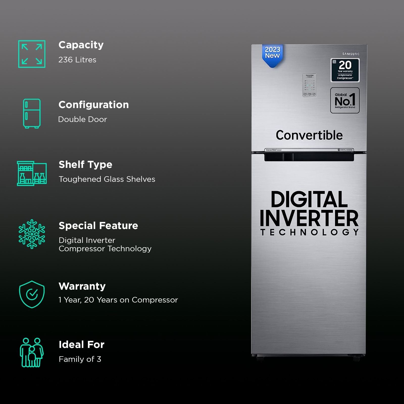 SAMSUNG 236 Litres 3 Star Frost Free Double Door Convertible Refrigerator with Anti Bacterial Gasket (RT28C3733S8/HL, Elegant Inox)