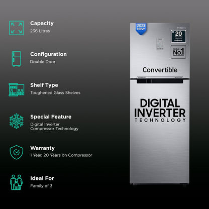 SAMSUNG 236 Litres 3 Star Frost Free Double Door Convertible Refrigerator with Anti Bacterial Gasket (RT28C3733S8/HL, Elegant Inox)