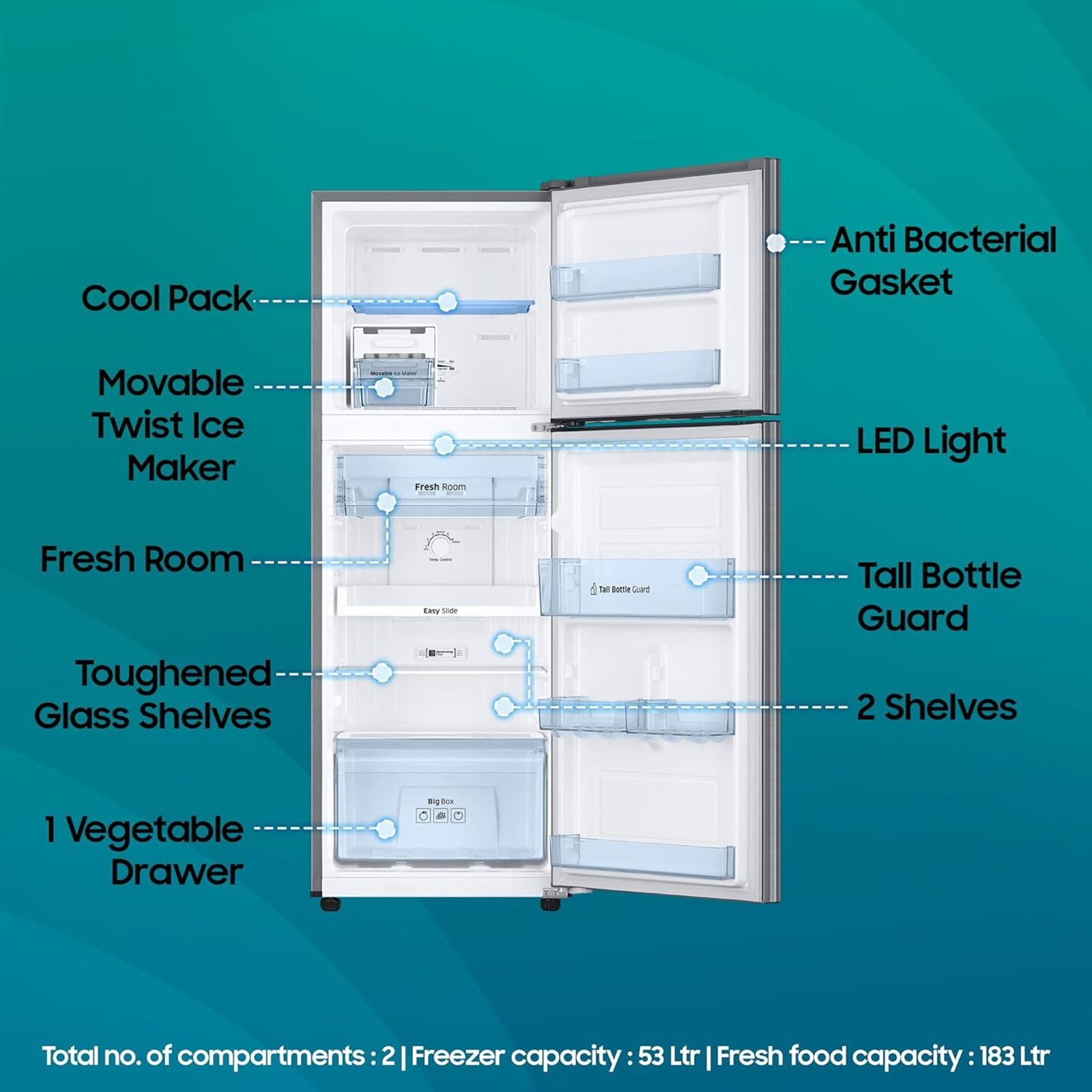SAMSUNG 236 Litres 3 Star Frost Free Double Door Refrigerator with Stabilizer Free Operation (RT28C3053S8/HL, Elegant Inox)