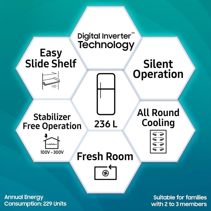 SAMSUNG 236 Litres 3 Star Frost Free Double Door Refrigerator with Stabilizer Free Operation (RT28C3053S8/HL, Elegant Inox)