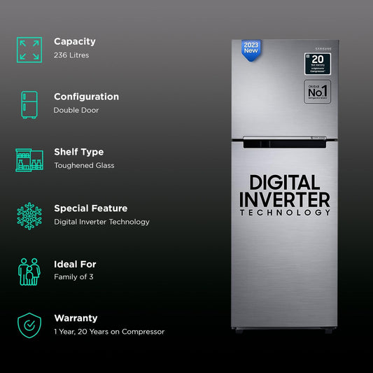 SAMSUNG 236 Litres 3 Star Frost Free Double Door Refrigerator with Stabilizer Free Operation (RT28C3053S8/HL, Elegant Inox)