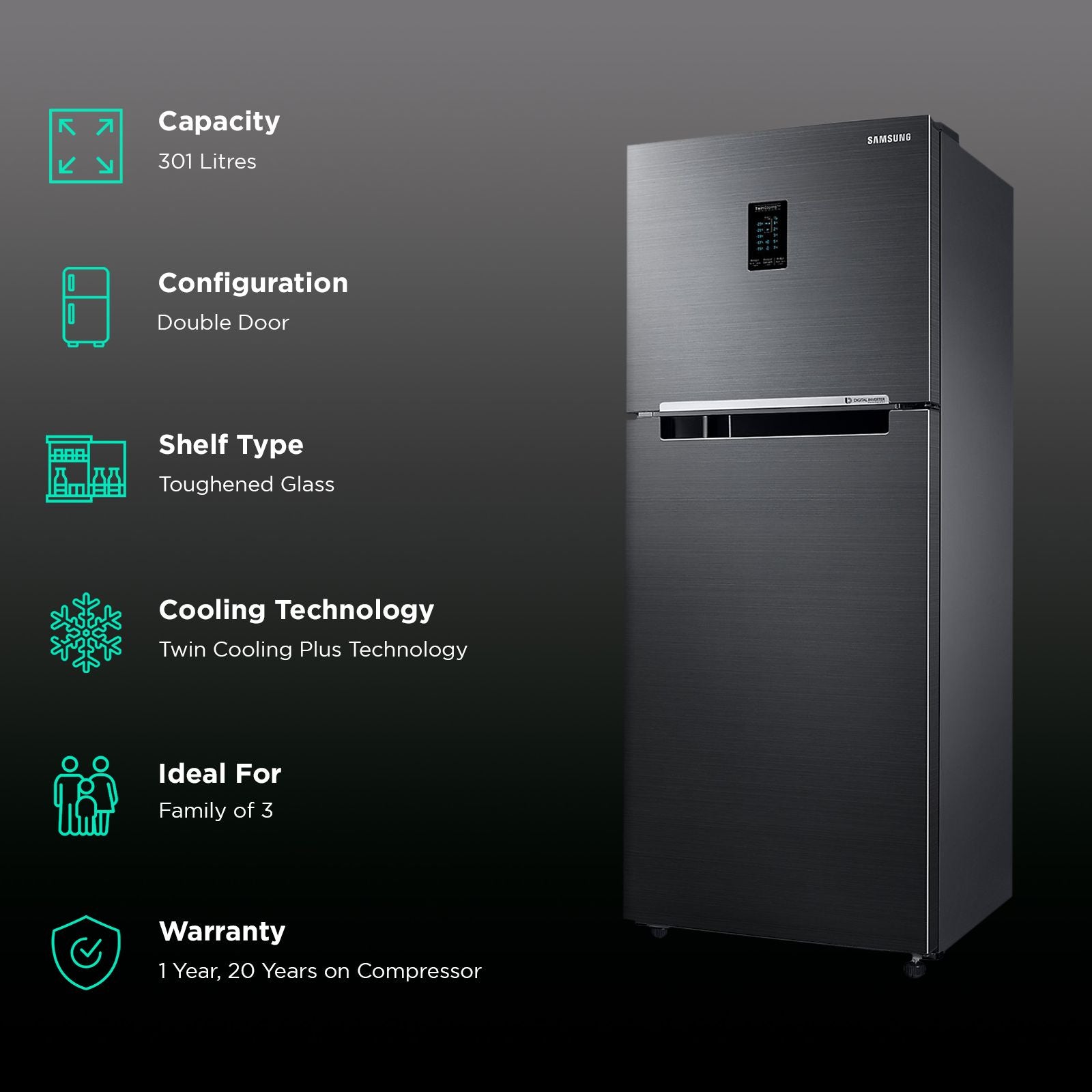 SAMSUNG 301 Litres 3 Star Frost Free Double Door Convertible Refrigerator with Stabilizer Free Operation (RT34C4523B1/HL, Black Matt)