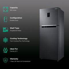 SAMSUNG 301 Litres 3 Star Frost Free Double Door Convertible Refrigerator with Stabilizer Free Operation (RT34C4523B1/HL, Black Matt)