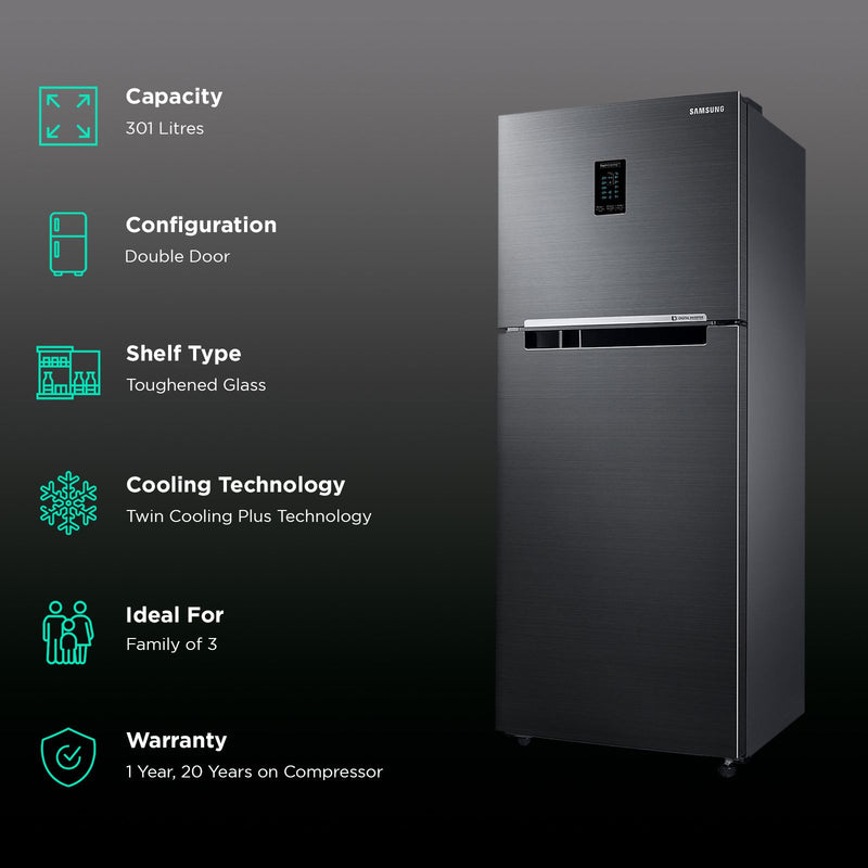 SAMSUNG 301 Litres 3 Star Frost Free Double Door Convertible Refrigerator with Stabilizer Free Operation (RT34C4523B1/HL, Black Matt)