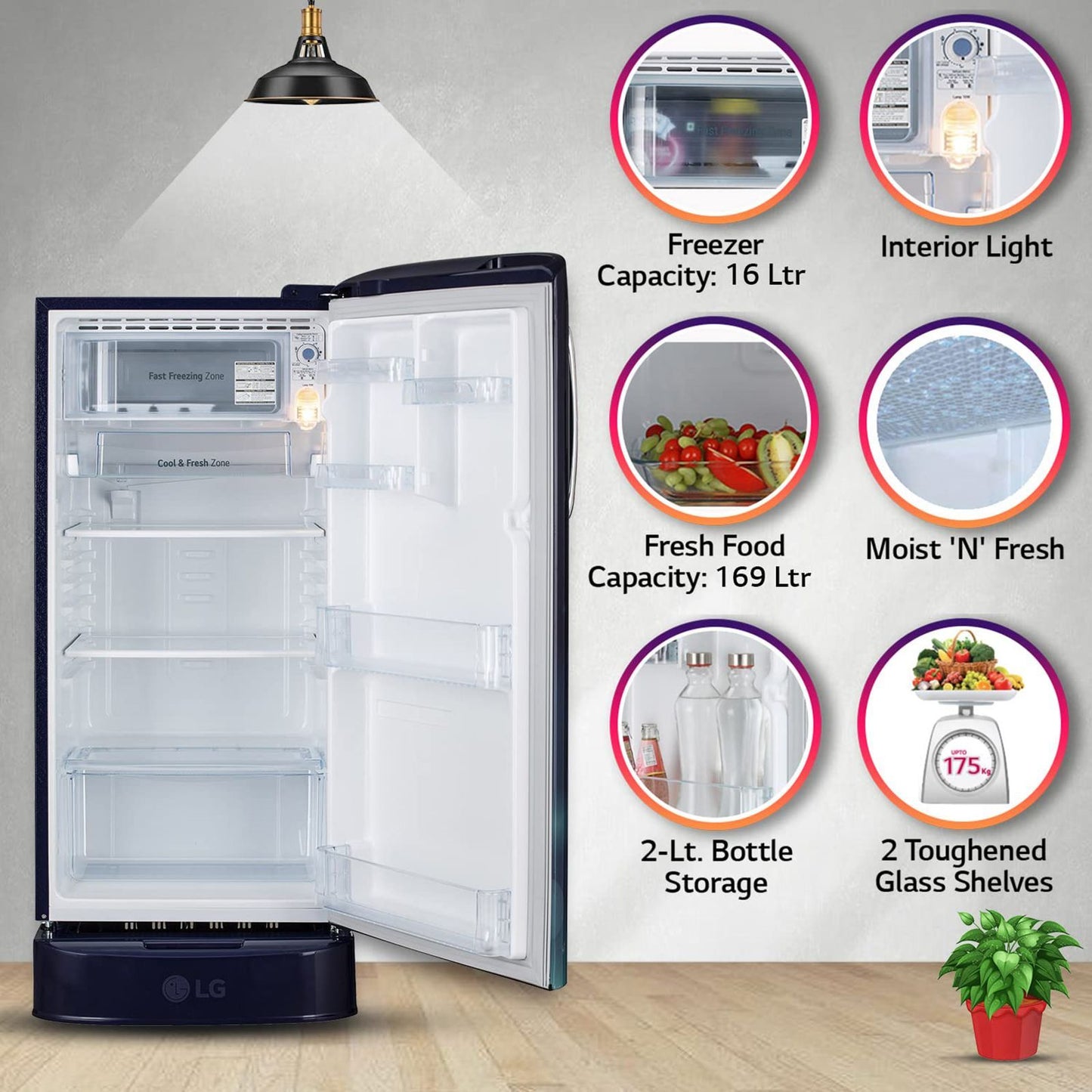 LG 185 Litres 3 Star Direct Cool Single Door Refrigerator with Antibacterial Gasket (GL-D201ABCD.BBCZEB, Blue Charm)