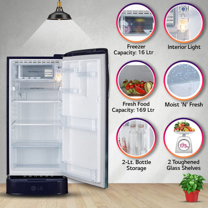 LG 185 Litres 3 Star Direct Cool Single Door Refrigerator with Antibacterial Gasket (GL-D201ABCD.BBCZEB, Blue Charm)