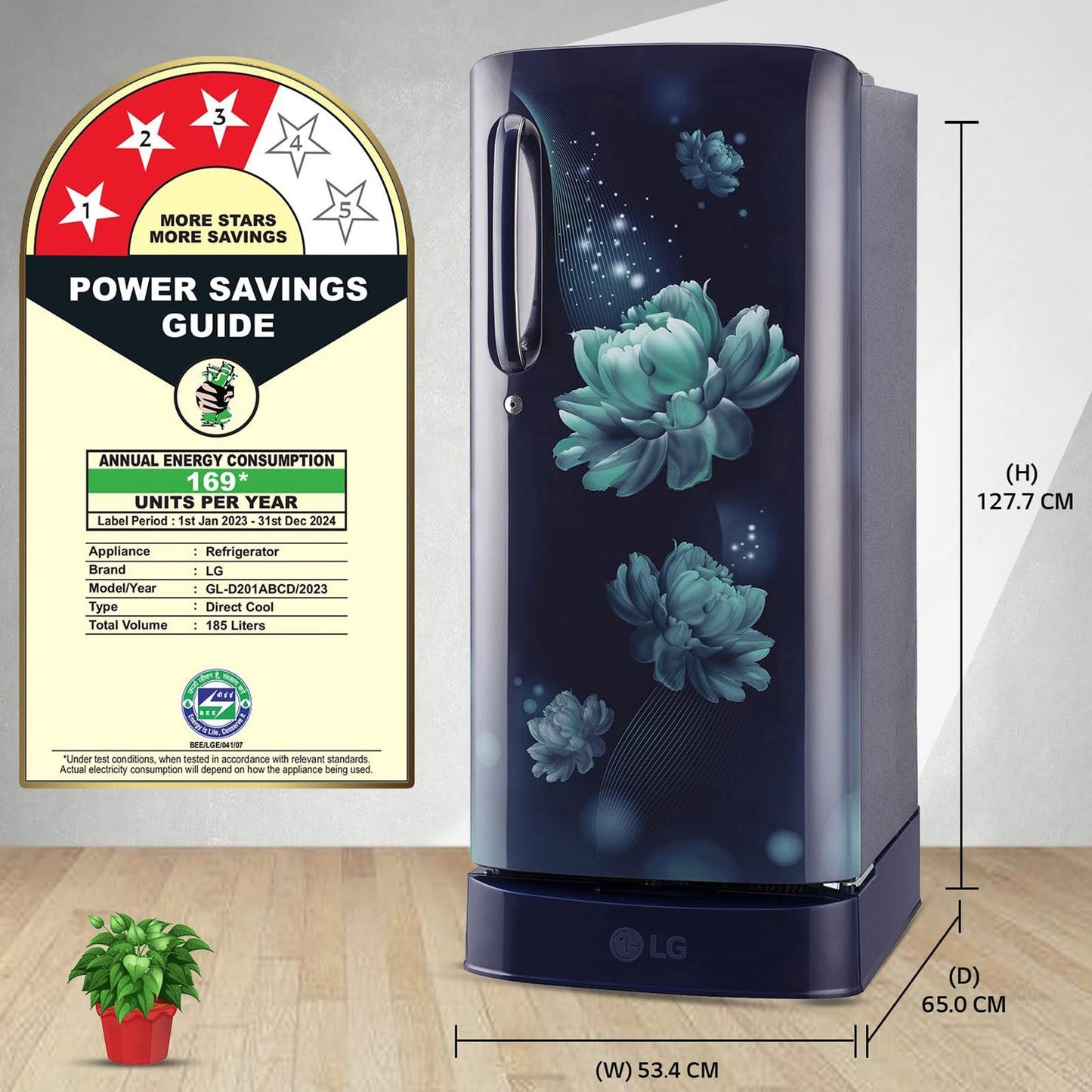 LG 185 Litres 3 Star Direct Cool Single Door Refrigerator with Antibacterial Gasket (GL-D201ABCD.BBCZEB, Blue Charm)