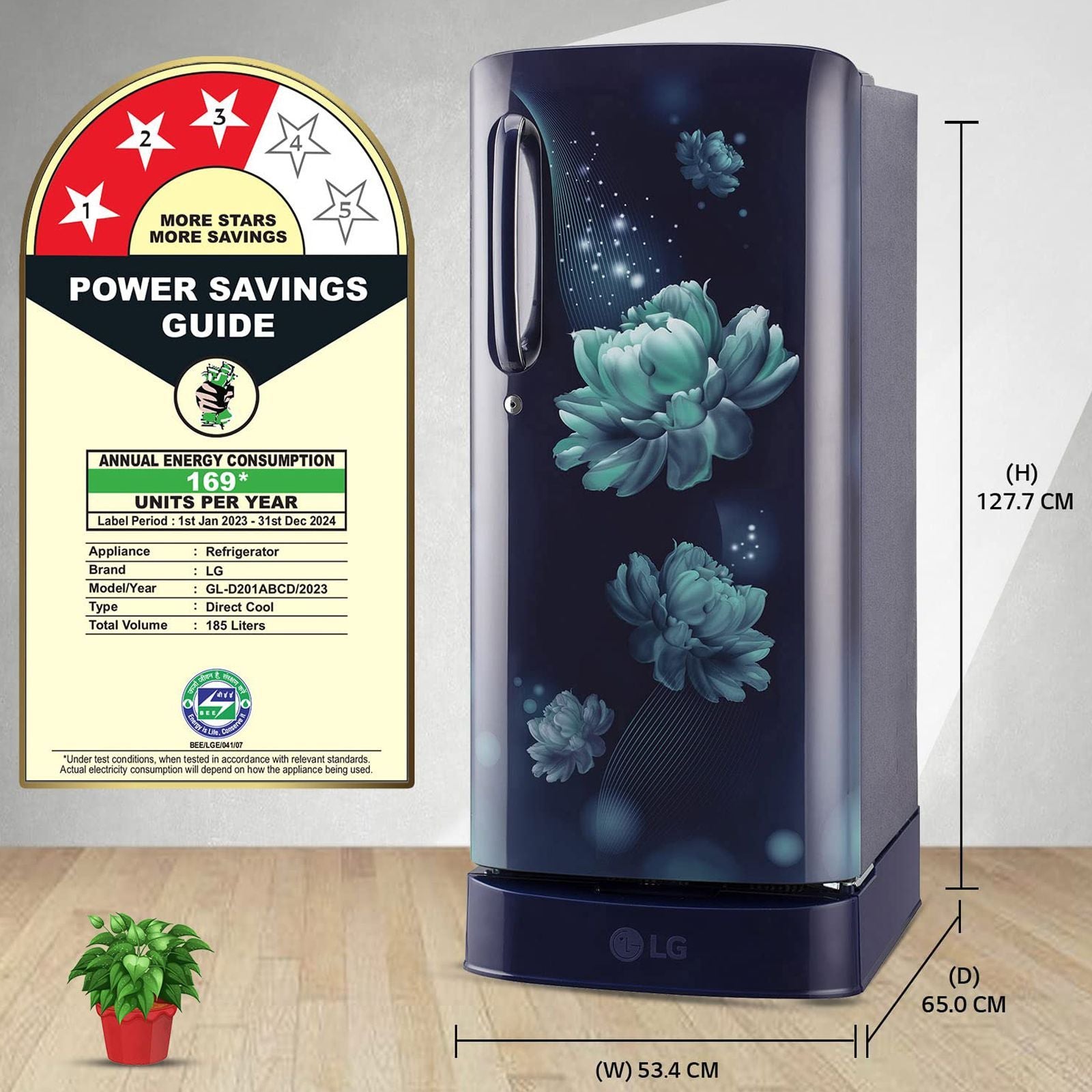 LG 185 Litres 3 Star Direct Cool Single Door Refrigerator with Antibacterial Gasket (GL-D201ABCD.BBCZEB, Blue Charm)