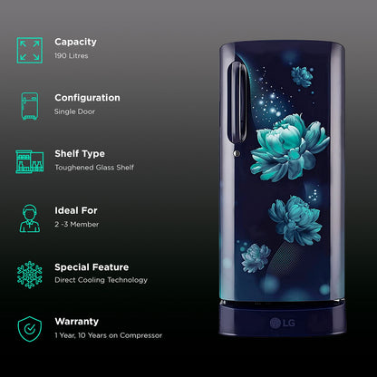 LG 185 Litres 3 Star Direct Cool Single Door Refrigerator with Antibacterial Gasket (GL-D201ABCD.BBCZEB, Blue Charm)