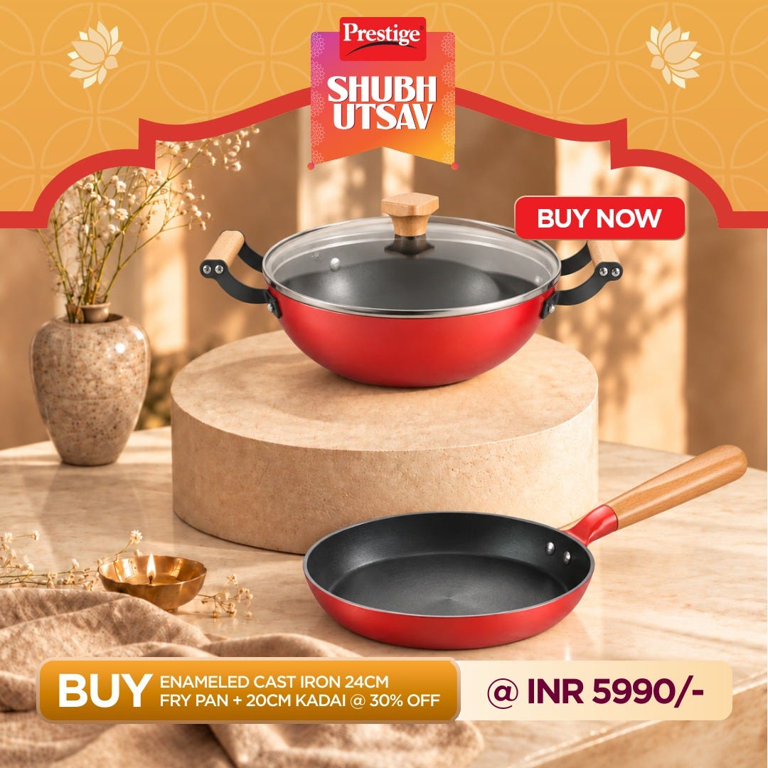 Prestige Castlite Enamel Coated Cast Iron Fry Pan 24cm/1.4L, Stay-Cool Wooden Handle + Prestige Castlite Enamel Coated Cast Iron Kadai 20cm/1.4L, Gas & Induction Compatible, 15Y Warranty
