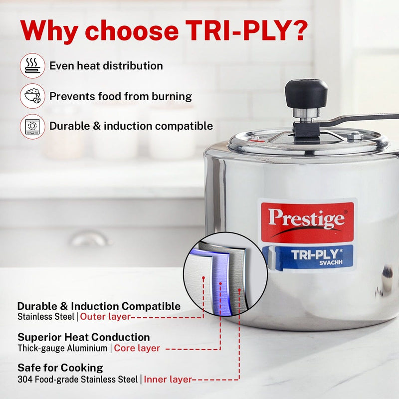 Prestige 3 Litre TRIPLY Svachh Inner Lid Pressure Cooker, Deep Lid Spillage Control, Gas & Induction + Prestige Platina Popular Stainless Steel Impact Forged Bottom Kadai with Glass Lid, 24cm, 2.8 L