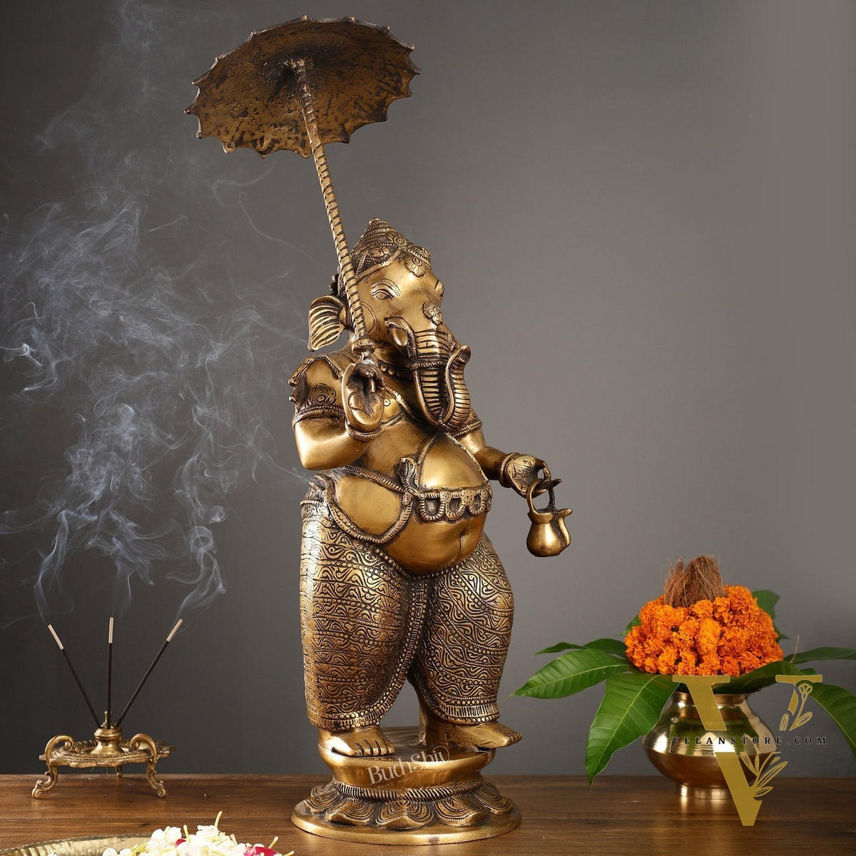 29-inch Standing Lord Ganesha Statue with Umbrella | Burnt Brass Finish