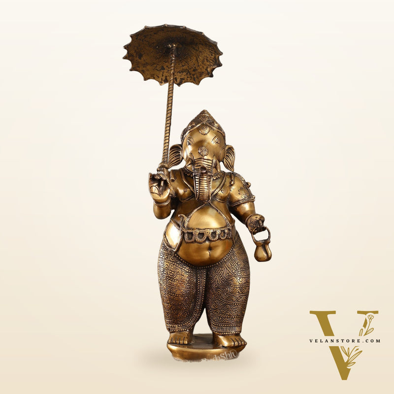 29-inch Standing Lord Ganesha Statue with Umbrella | Burnt Brass Finish