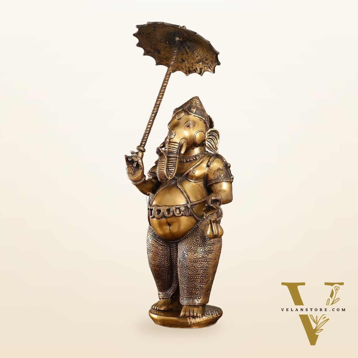 29-inch Standing Lord Ganesha Statue with Umbrella | Burnt Brass Finish