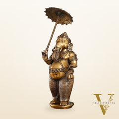 29-inch Standing Lord Ganesha Statue with Umbrella | Burnt Brass Finish