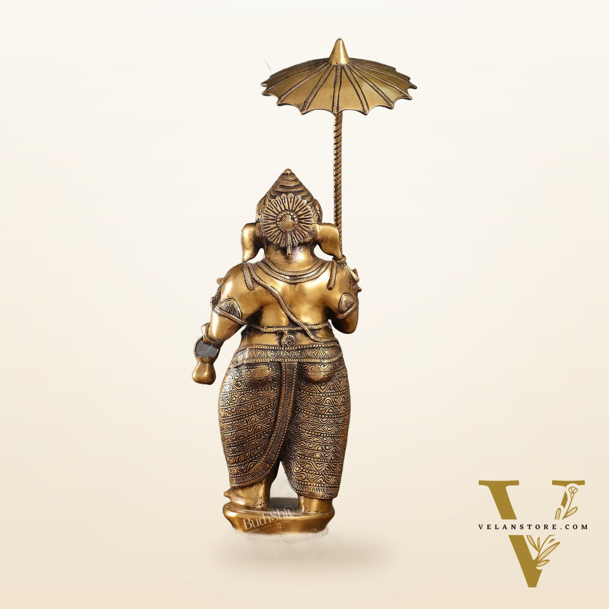 29-inch Standing Lord Ganesha Statue with Umbrella | Burnt Brass Finish