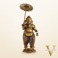 29-inch Standing Lord Ganesha Statue with Umbrella | Burnt Brass Finish