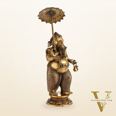 29-inch Standing Lord Ganesha Statue with Umbrella | Burnt Brass Finish