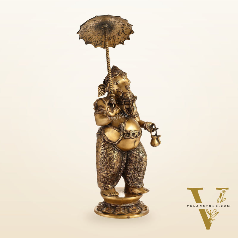 29-inch Standing Lord Ganesha Statue with Umbrella | Burnt Brass Finish