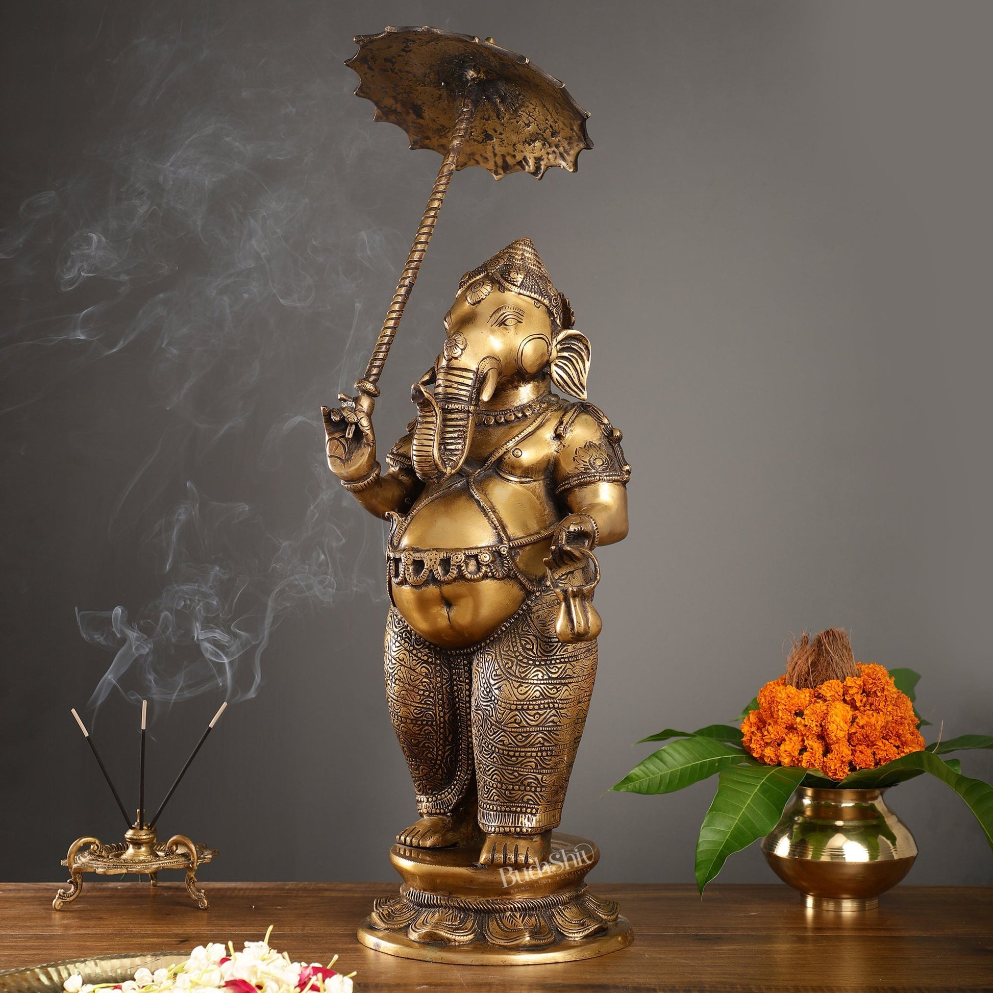 29-inch Standing Lord Ganesha Statue with Umbrella | Burnt Brass Finish