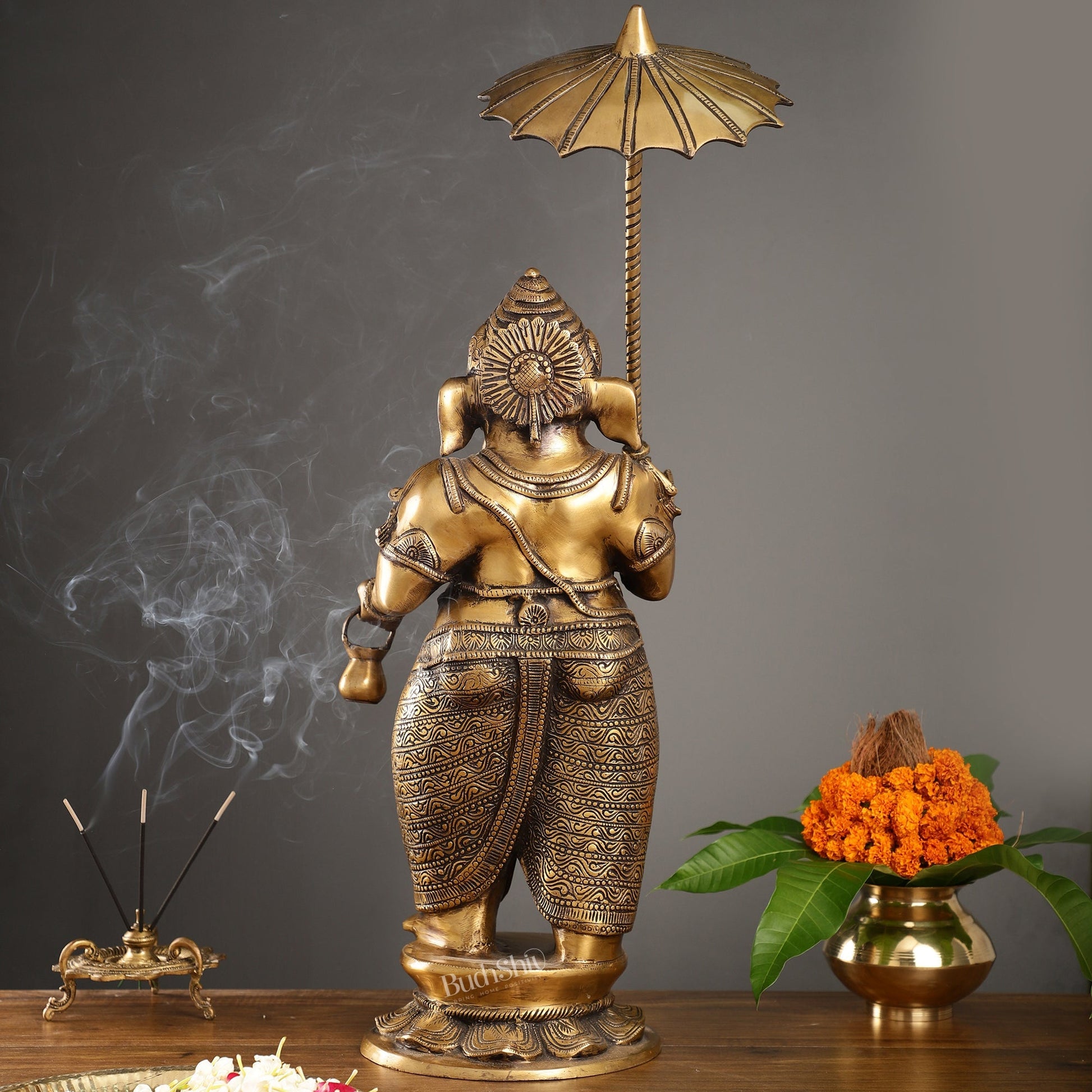 29-inch Standing Lord Ganesha Statue with Umbrella | Burnt Brass Finish