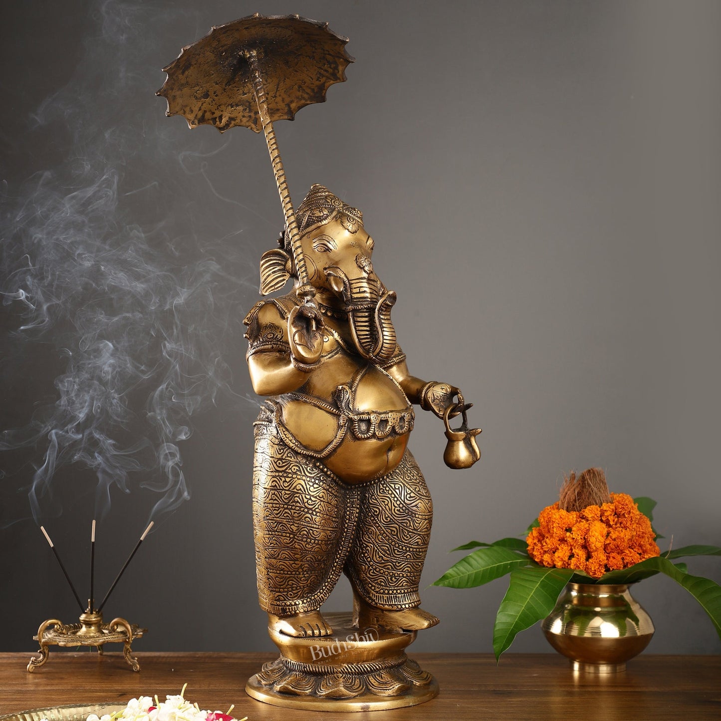 29-inch Standing Lord Ganesha Statue with Umbrella | Burnt Brass Finish