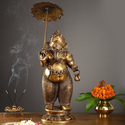 29-inch Standing Lord Ganesha Statue with Umbrella | Burnt Brass Finish