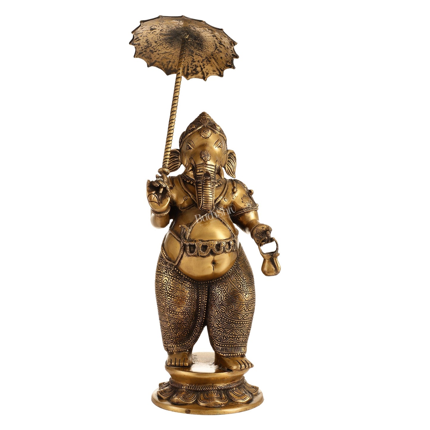 29-inch Standing Lord Ganesha Statue with Umbrella | Burnt Brass Finish