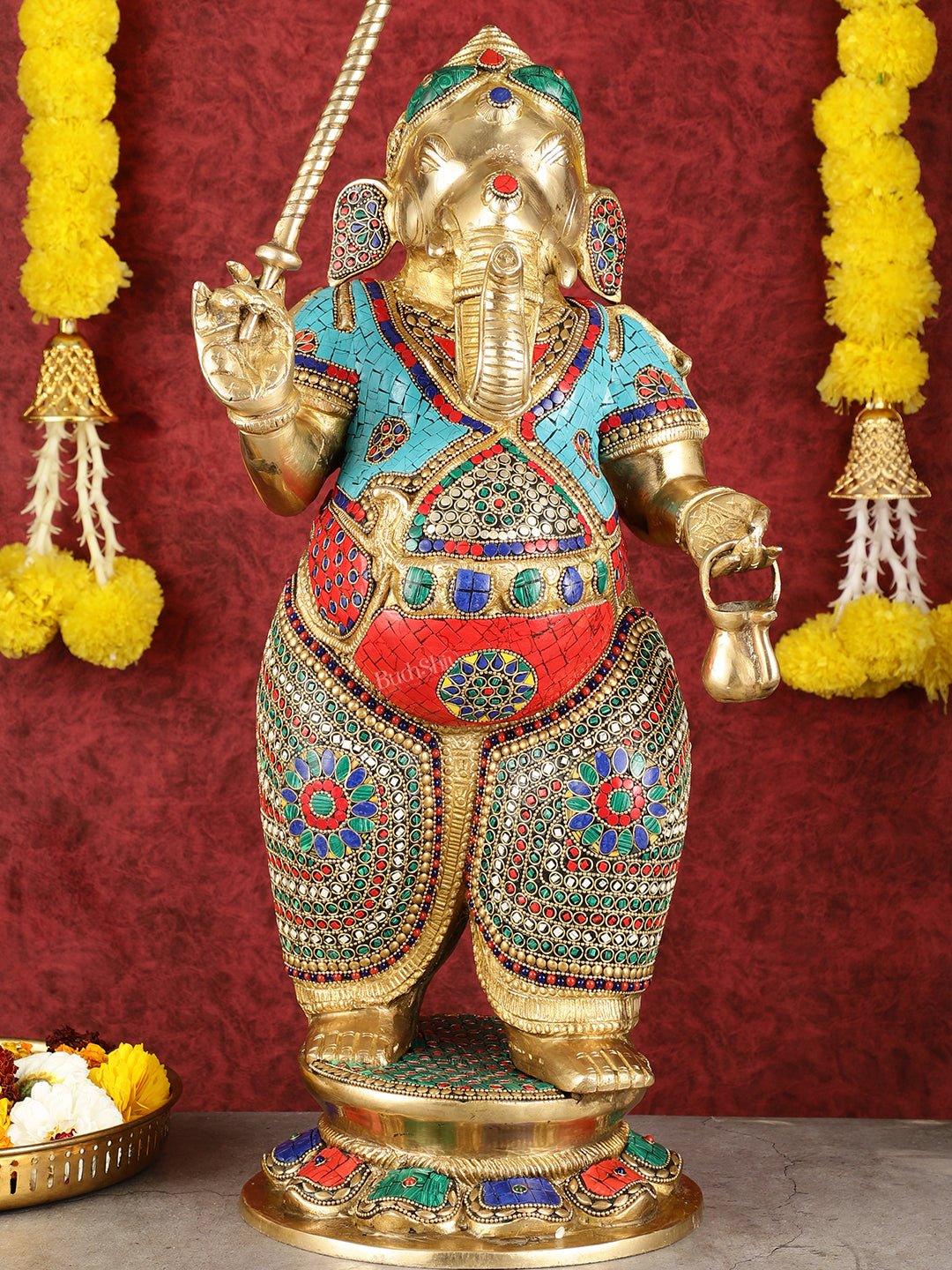 29-inch Standing Lord Ganesha Statue with Umbrella meenakari Stonework