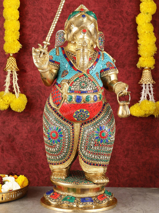 29-inch Standing Lord Ganesha Statue with Umbrella meenakari Stonework