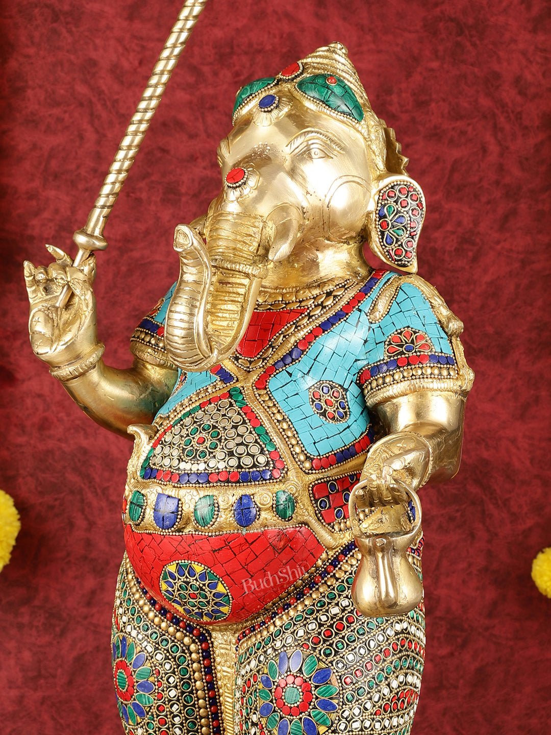 29-inch Standing Lord Ganesha Statue with Umbrella meenakari Stonework