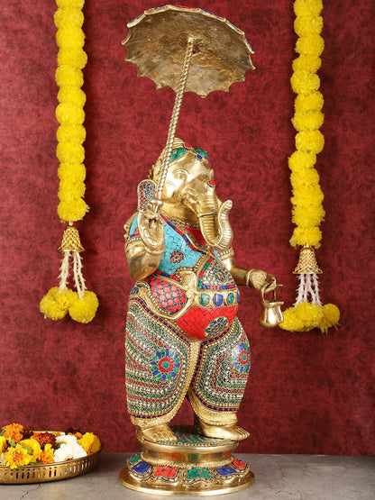 29-inch Standing Lord Ganesha Statue with Umbrella meenakari Stonework