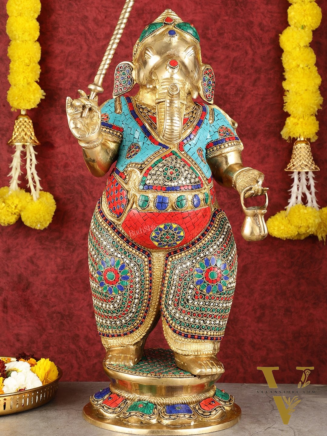 29-inch Standing Lord Ganesha Statue with Umbrella meenakari Stonework