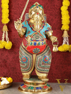29-inch Standing Lord Ganesha Statue with Umbrella meenakari Stonework
