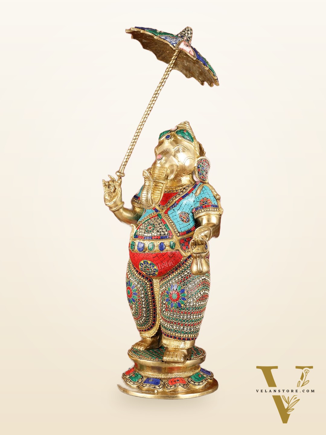 29-inch Standing Lord Ganesha Statue with Umbrella meenakari Stonework